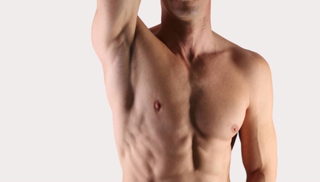 Smooth, hairless male chest with well-defined muscles.